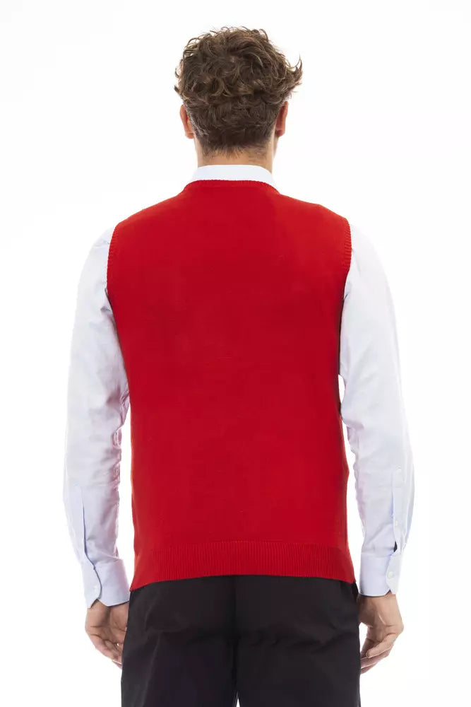 Alpha Studio Gilet rouge élégant à col en V en fine maille côtelée