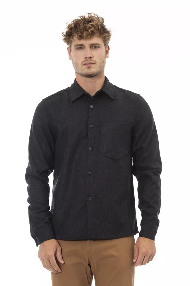 Chemise boutonnée en flanelle grise Alpha Studio Chic avec poche avant