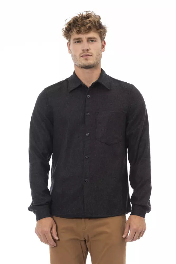 Chemise boutonnée en flanelle grise Alpha Studio Chic avec poche avant