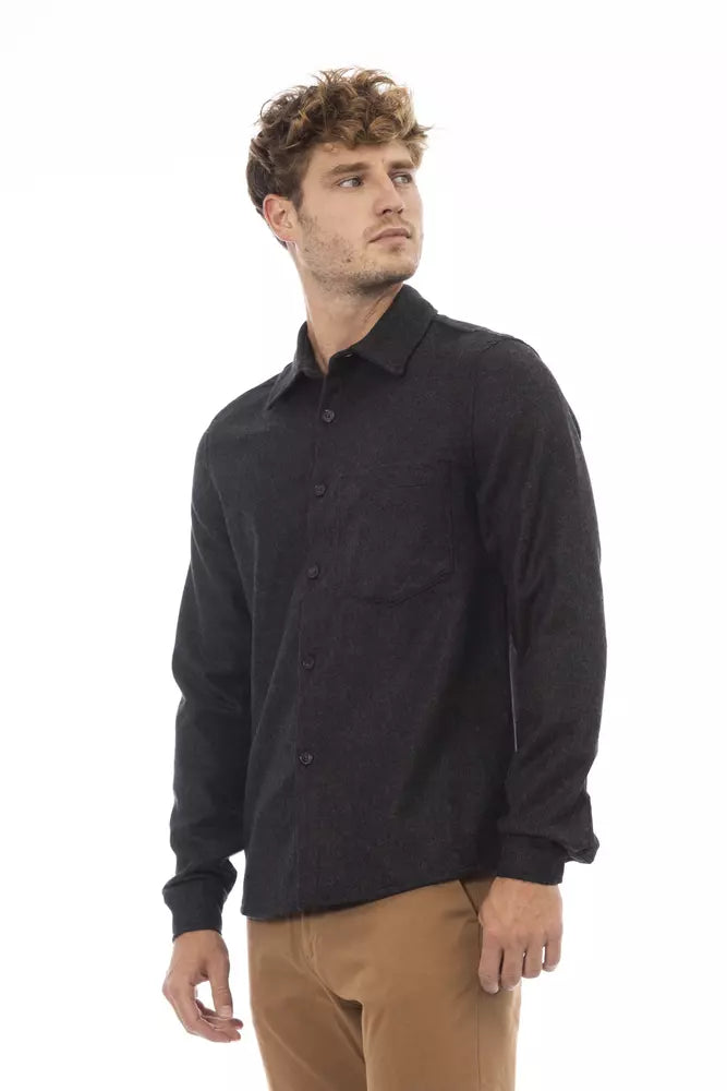 Chemise boutonnée en flanelle grise Alpha Studio Chic avec poche avant