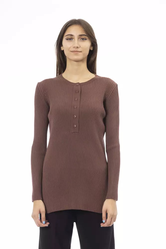 Alpha Studio Chic - Pull marron à fente latérale et détails de boutons