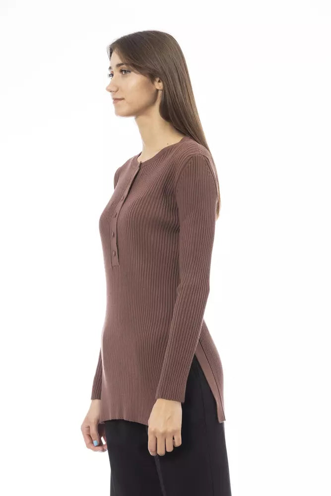 Alpha Studio Chic - Pull marron à fente latérale et détails de boutons