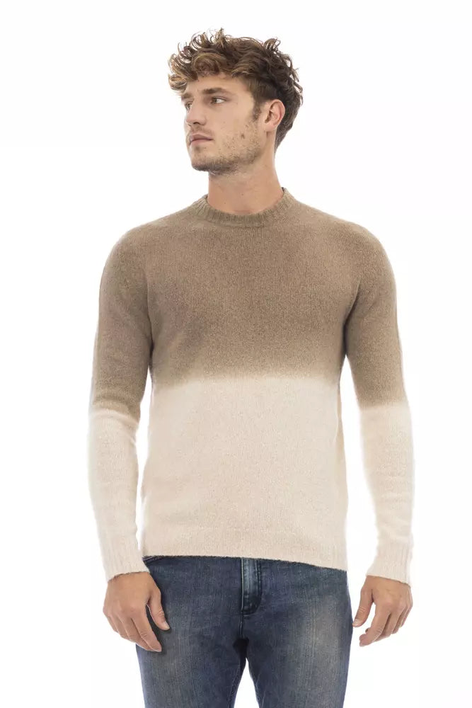 Pull à col rond beige Alpha Studio avec détails côtelés