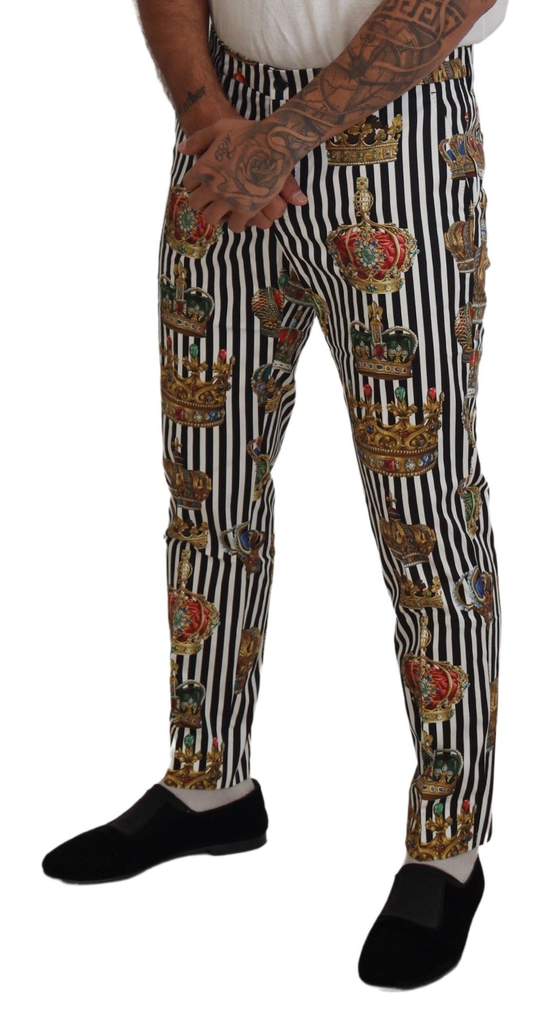 Dolce &amp; Gabbana Pantalon chino élégant à rayures avec couronne dorée