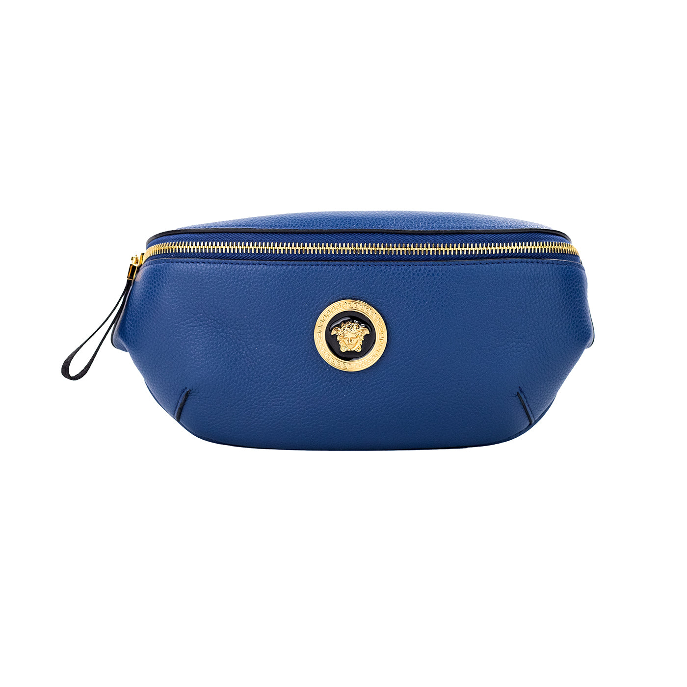 Versace Petit sac banane en cuir de veau bleu marine avec pendentif Medusa