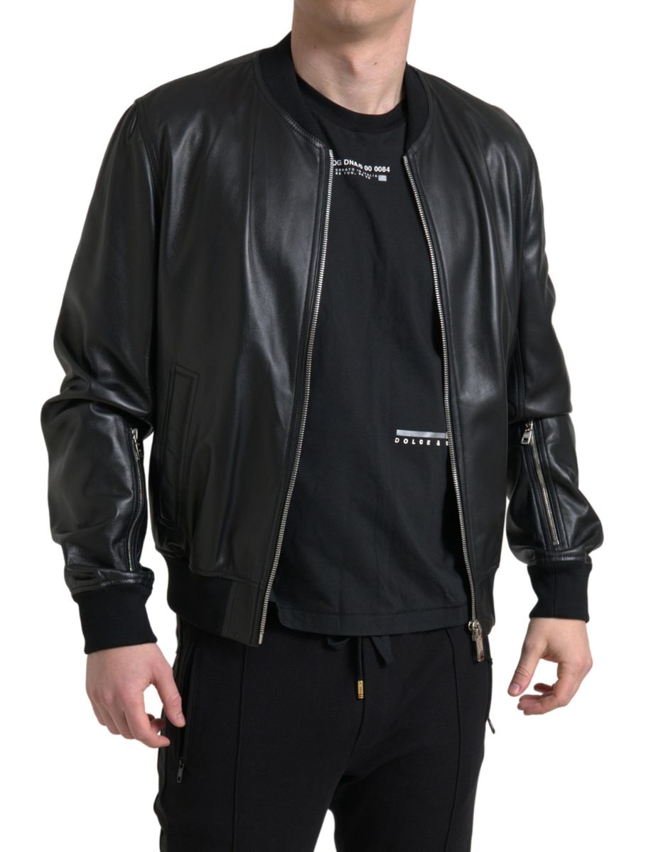 Dolce &amp; Gabbana Blouson aviateur en cuir noir élégant