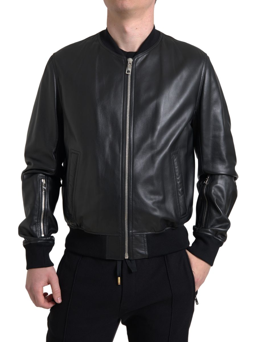 Dolce &amp; Gabbana Blouson aviateur en cuir noir élégant