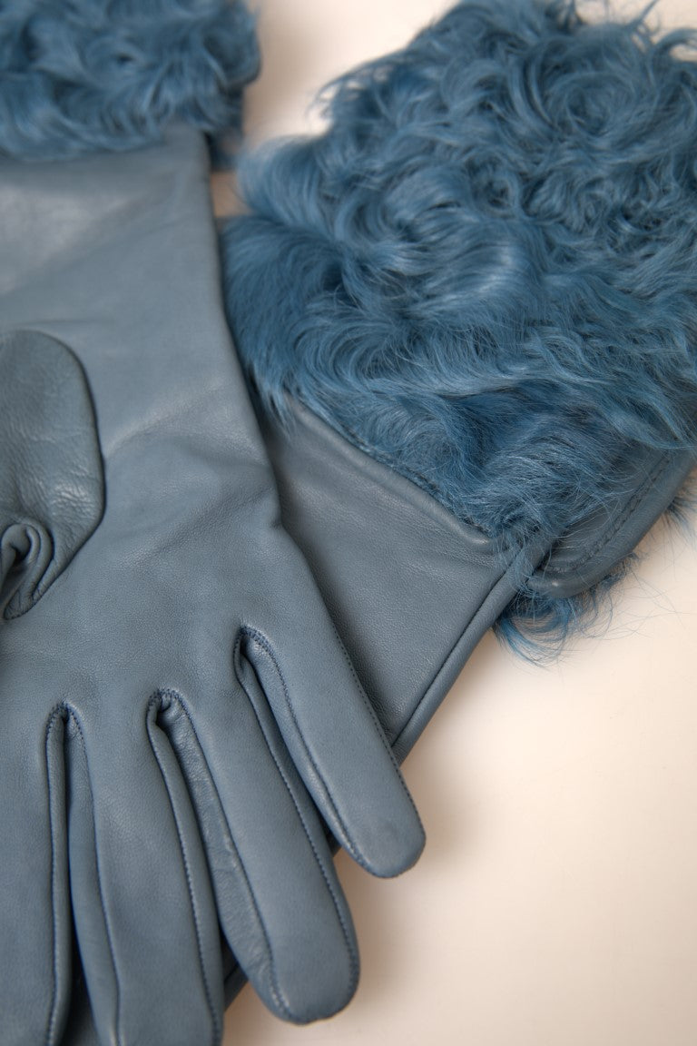 Dolce &amp; Gabbana Gants élégants en cuir bleu avec bordure en fourrure