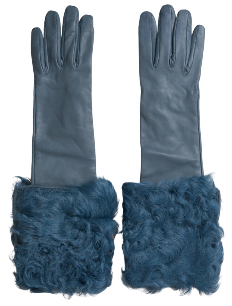 Dolce &amp; Gabbana Gants élégants en cuir bleu avec bordure en fourrure