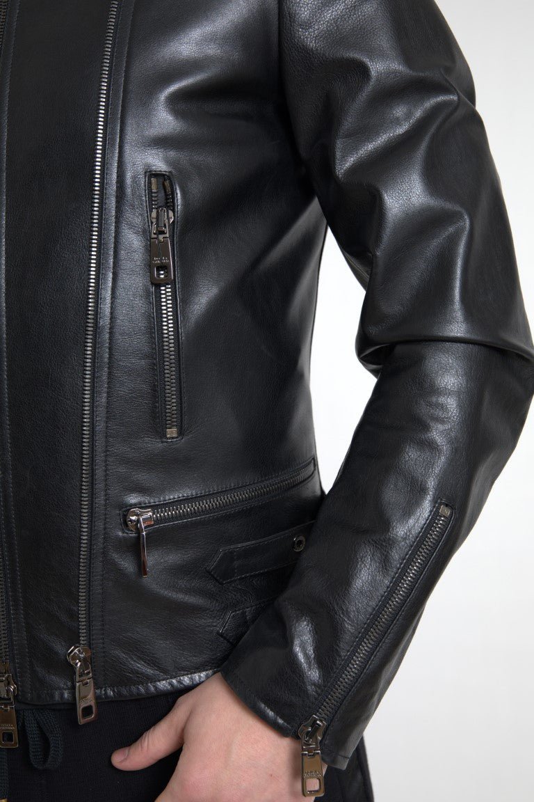 Dolce &amp; Gabbana Veste de motard en cuir noir élégant