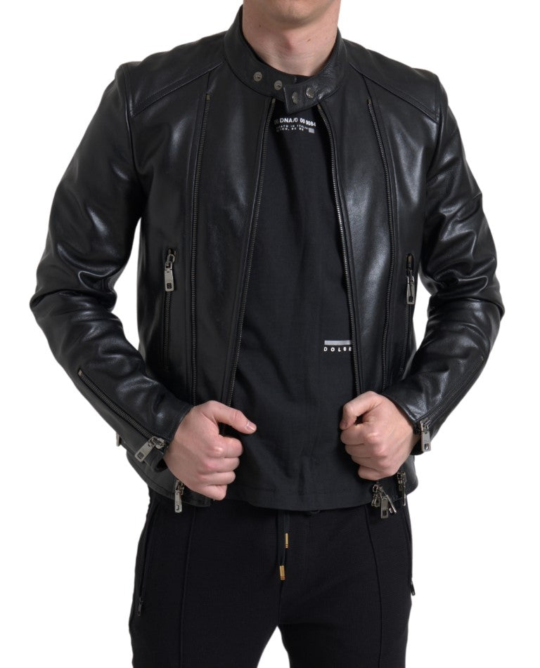 Dolce &amp; Gabbana Veste de motard en cuir noir élégant