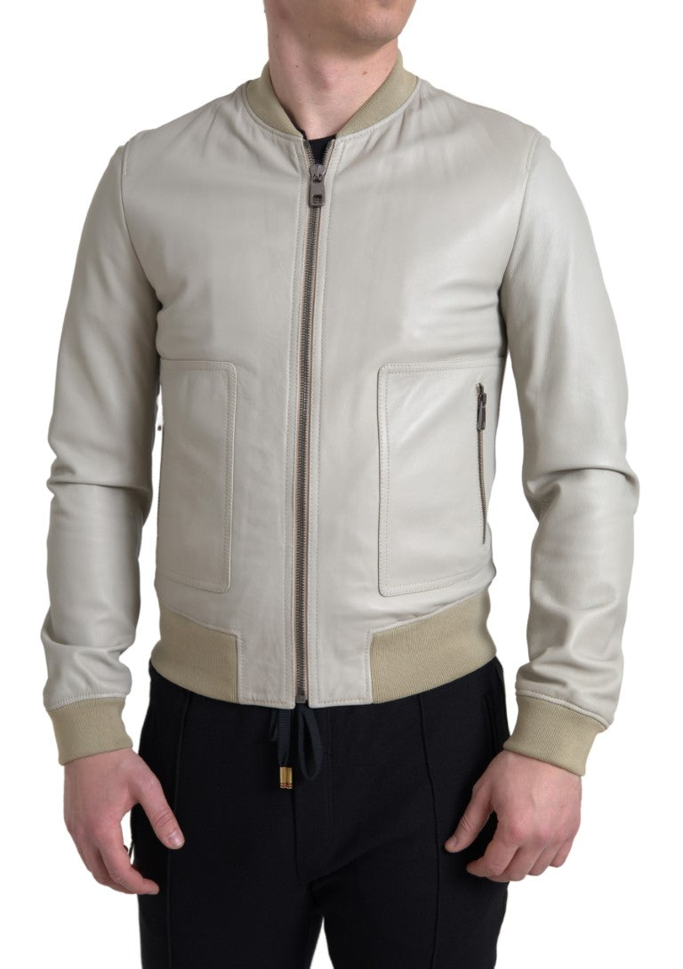 Dolce & Gabbana Blouson aviateur en cuir crème avec fermeture éclair complète