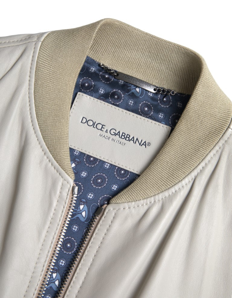 Dolce & Gabbana Blouson aviateur en cuir crème avec fermeture éclair complète