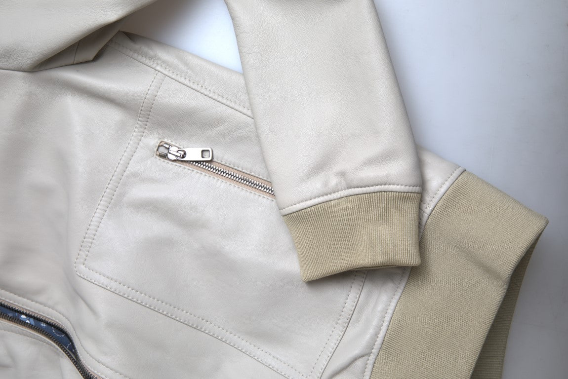 Dolce & Gabbana Blouson aviateur en cuir crème avec fermeture éclair complète