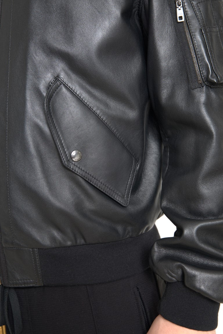 Dolce &amp; Gabbana Blouson aviateur en cuir noir élégant