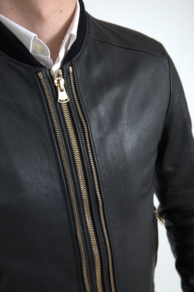 Dolce &amp; Gabbana Veste de motard élégante en cuir noir