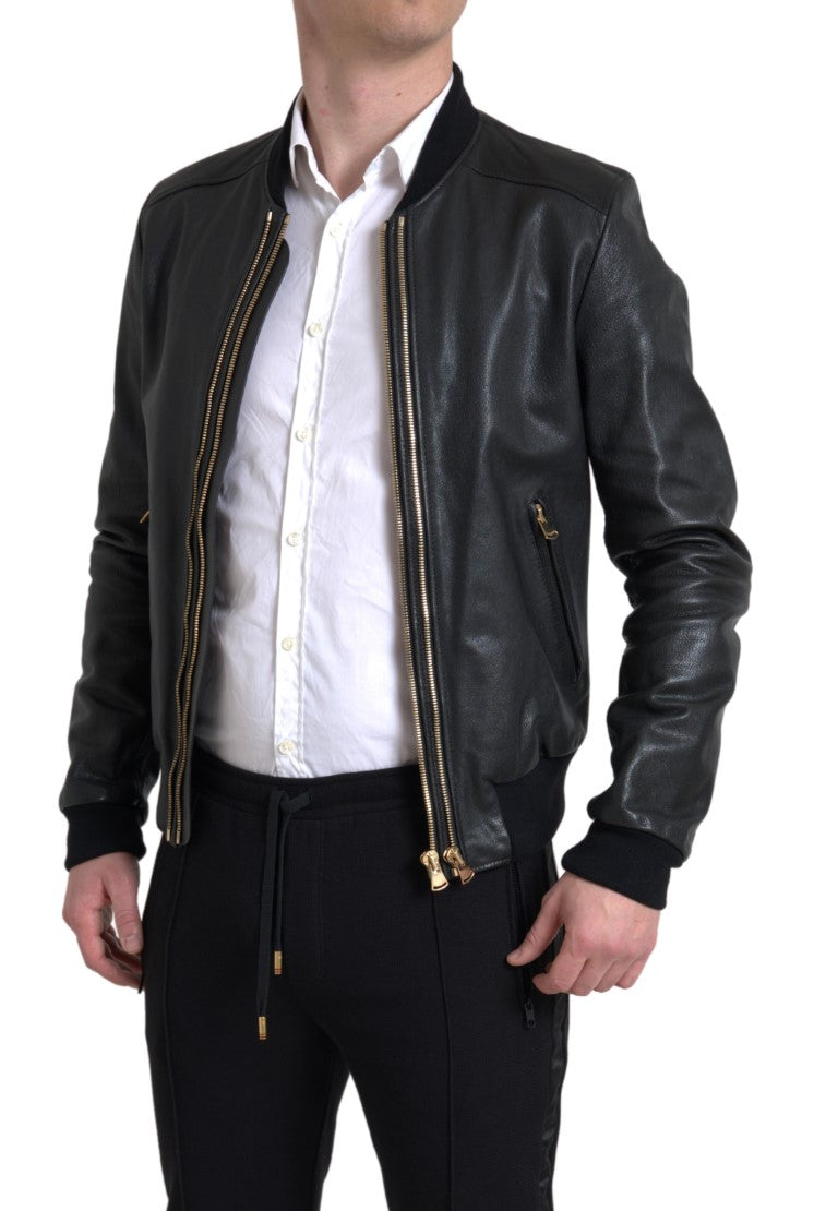 Dolce &amp; Gabbana Veste de motard élégante en cuir noir