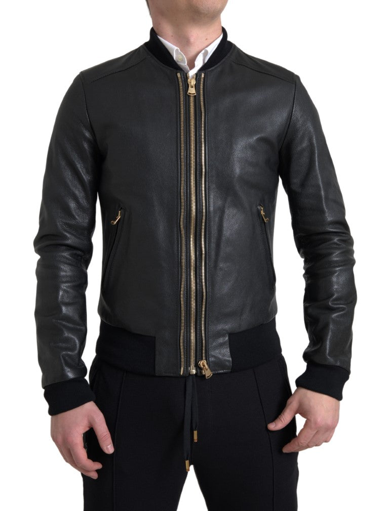 Dolce &amp; Gabbana Veste de motard élégante en cuir noir