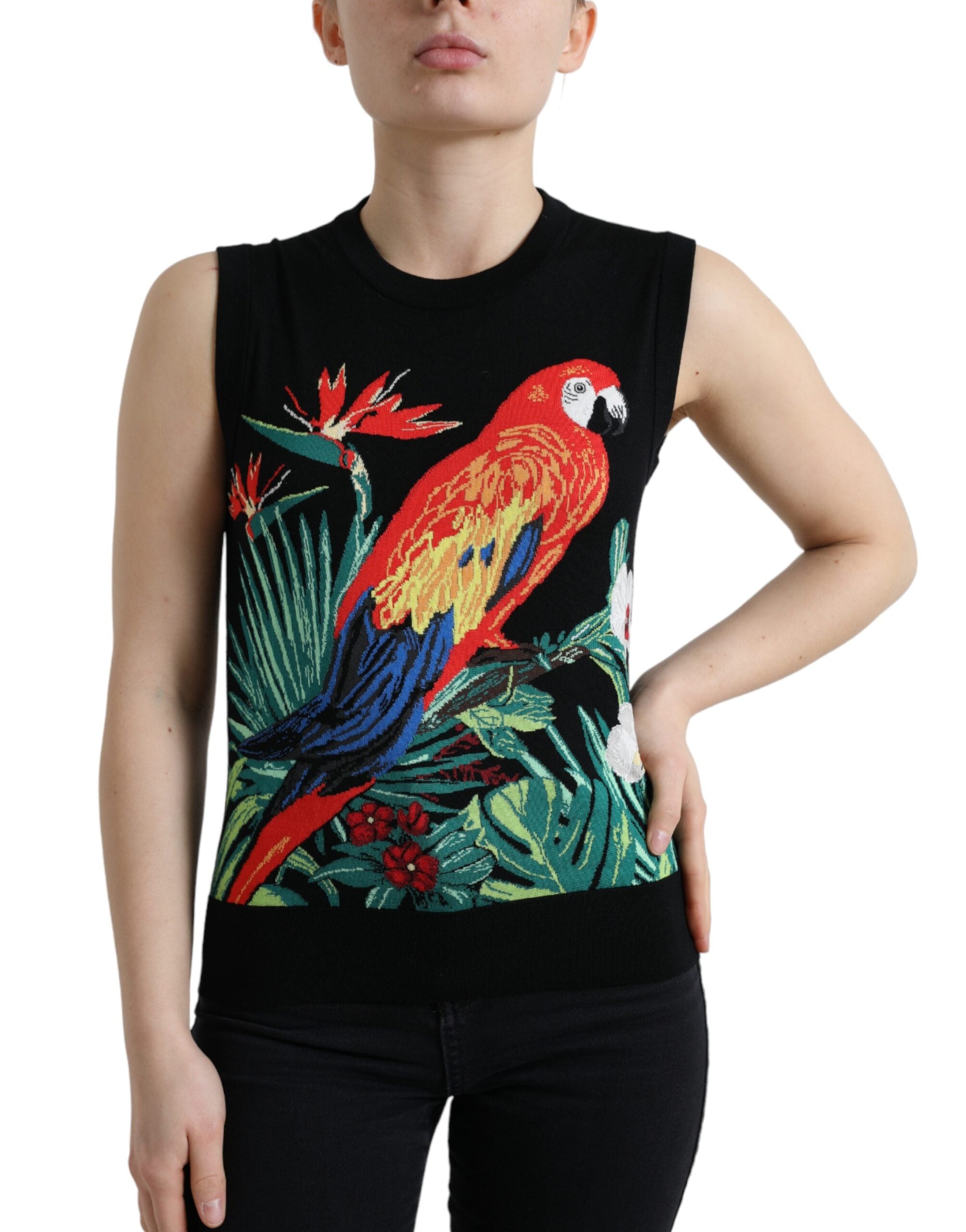 Dolce &amp; Gabbana Débardeur élégant en laine et soie à col rond avec broderie d'oiseaux