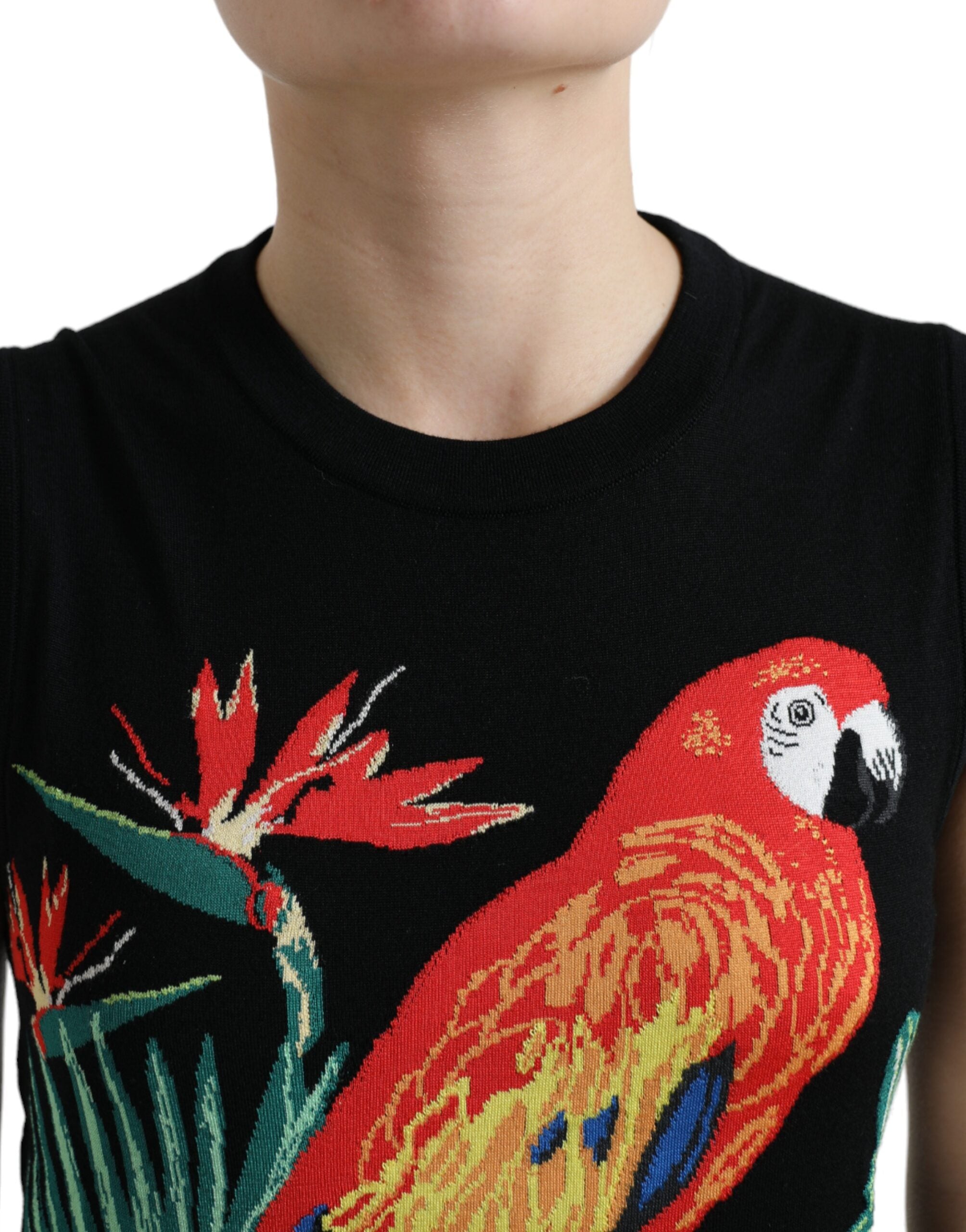 Dolce &amp; Gabbana Débardeur élégant en laine et soie à col rond avec broderie d'oiseaux