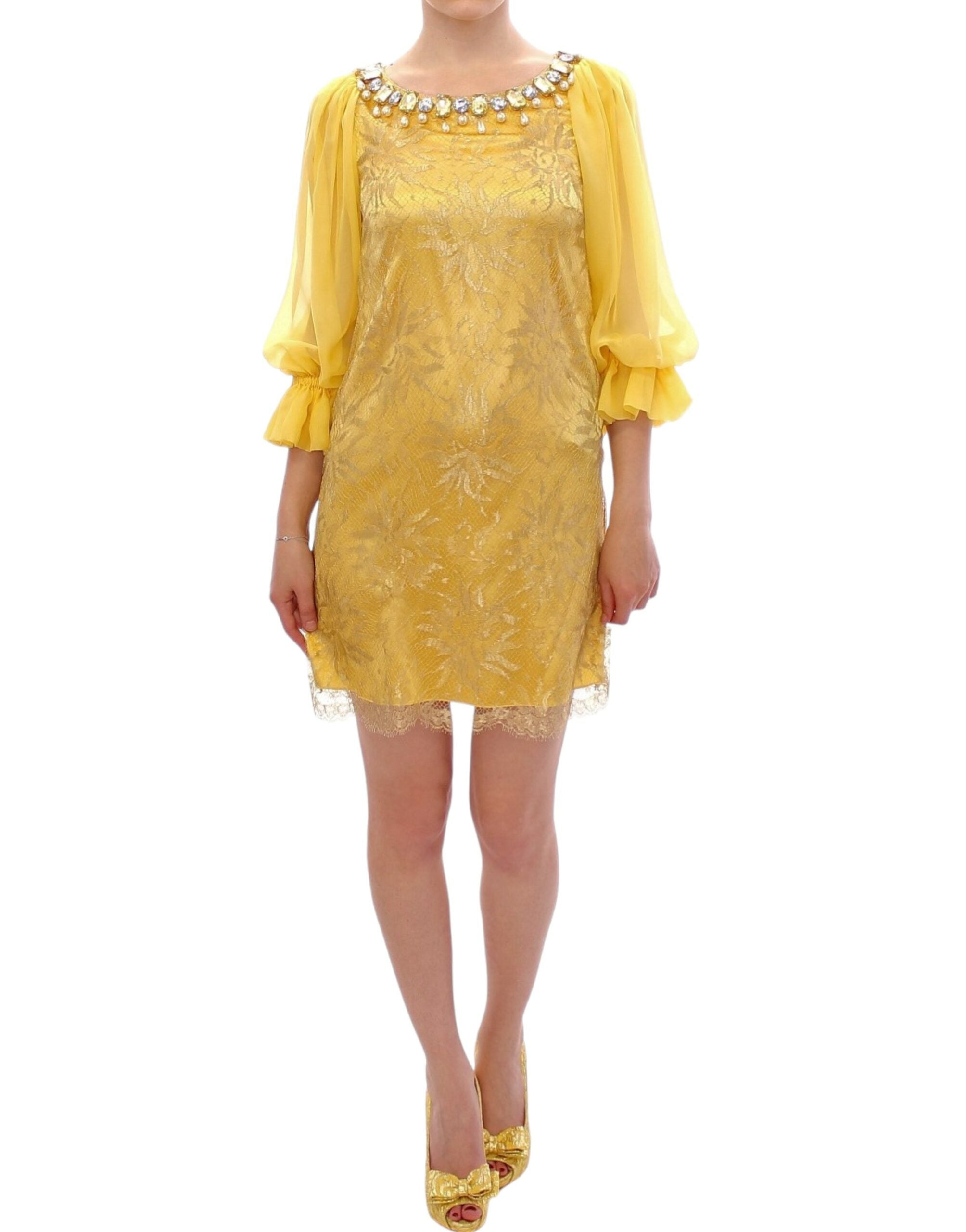 Dolce &amp; Gabbana Mini-robe jaune ornée de cristaux en dentelle