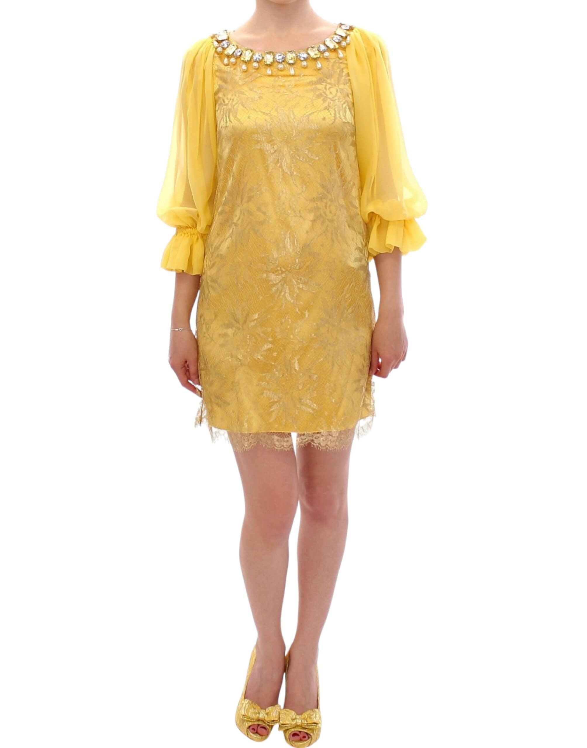 Dolce &amp; Gabbana Mini-robe jaune ornée de cristaux en dentelle