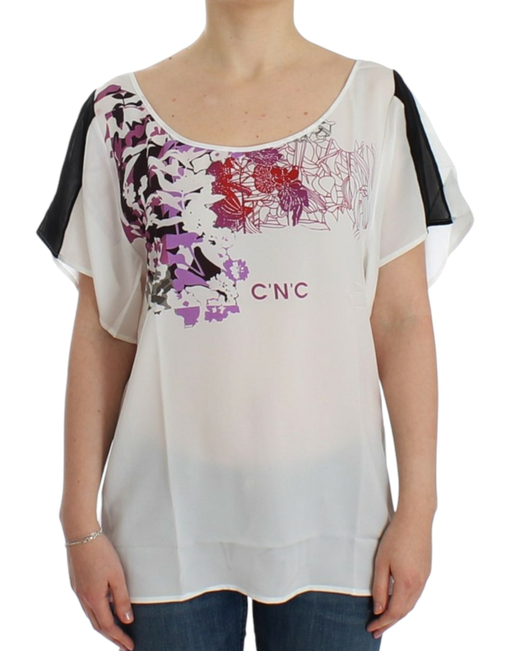 Costume National Chic - T-shirt blanc à col en V et imprimé motif