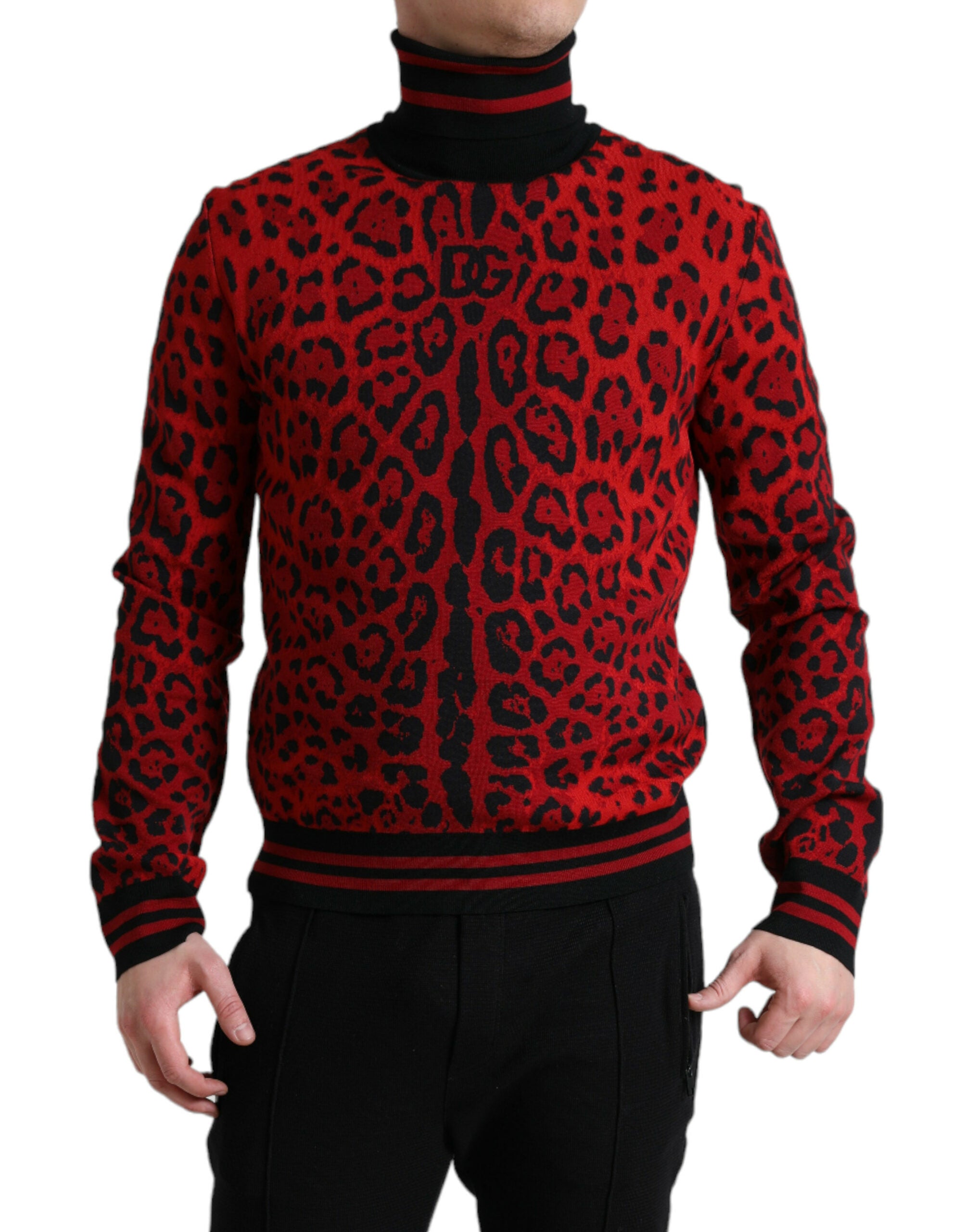 Dolce & Gabbana Pull à col roulé rouge à imprimé léopard