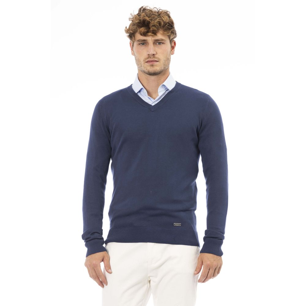 Baldinini Trend élégant pull bleu côtelé à col en V