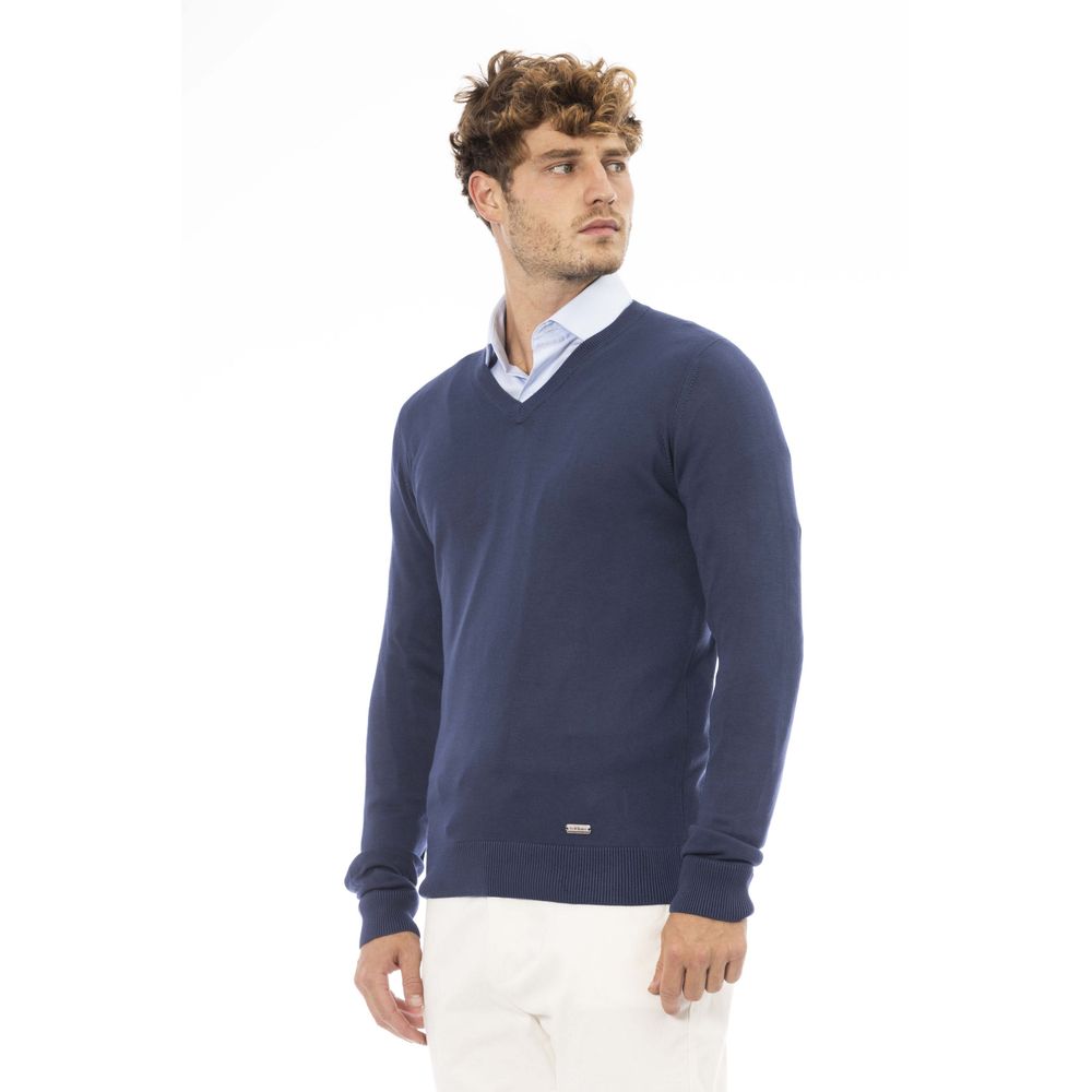 Baldinini Trend élégant pull bleu côtelé à col en V