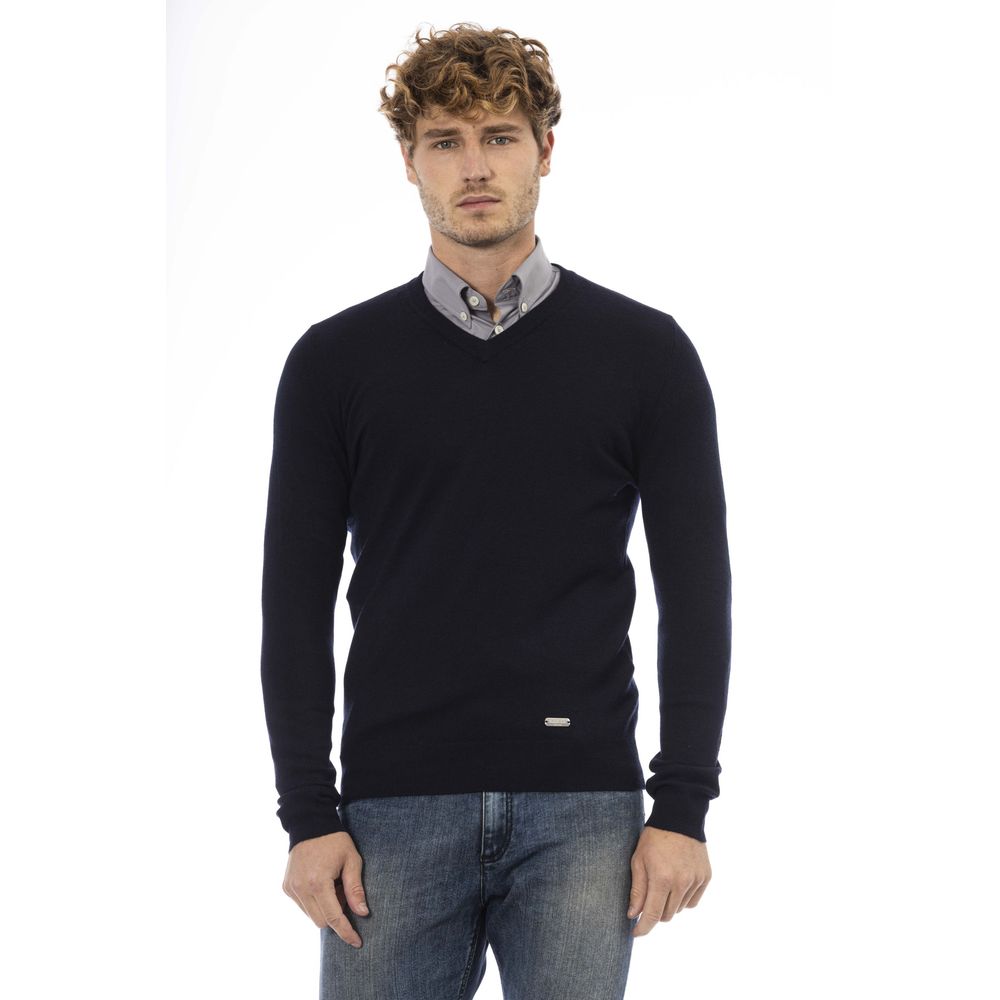 Baldinini Trend élégant pull bleu en laine mélangée à col en V