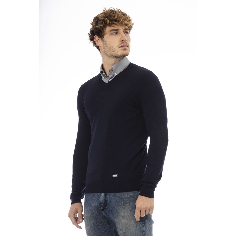 Baldinini Trend élégant pull bleu en laine mélangée à col en V