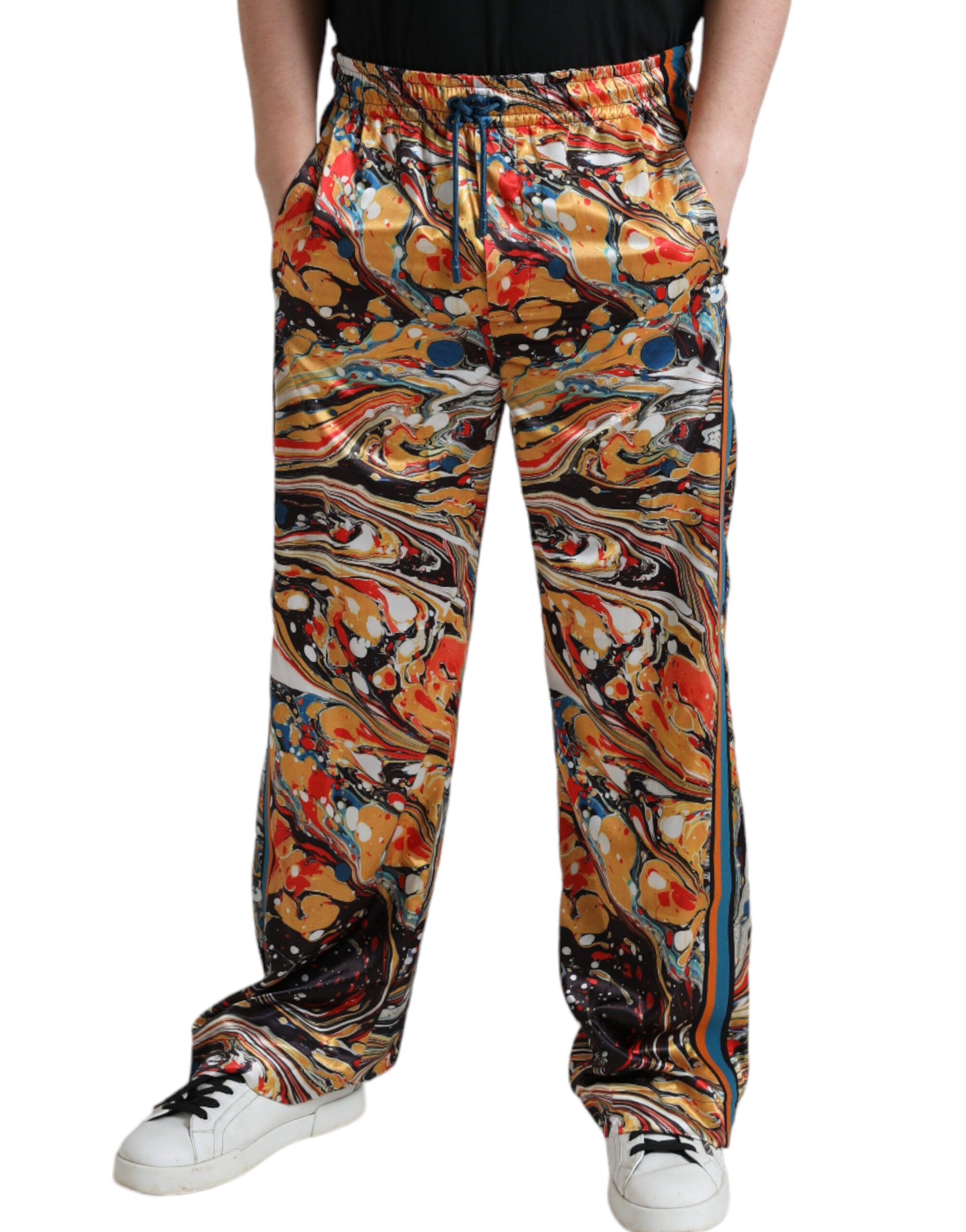 Dolce &amp; Gabbana Pantalon de survêtement élégant en satin en marbre multicolore