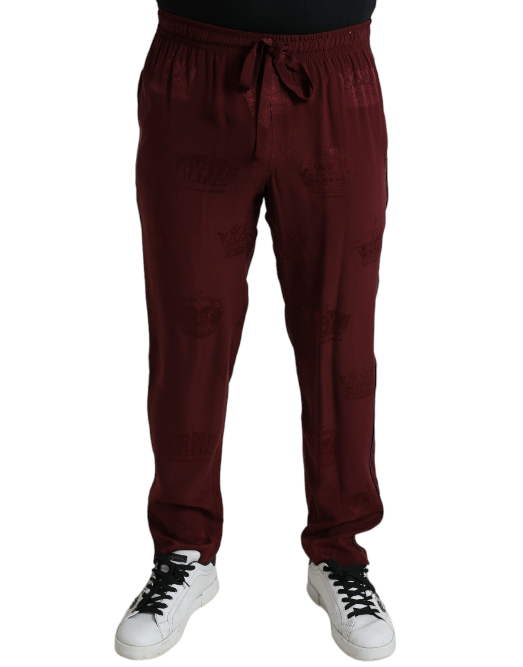 Dolce &amp; Gabbana Pantalon de pyjama élégant en soie marron avec motif couronne