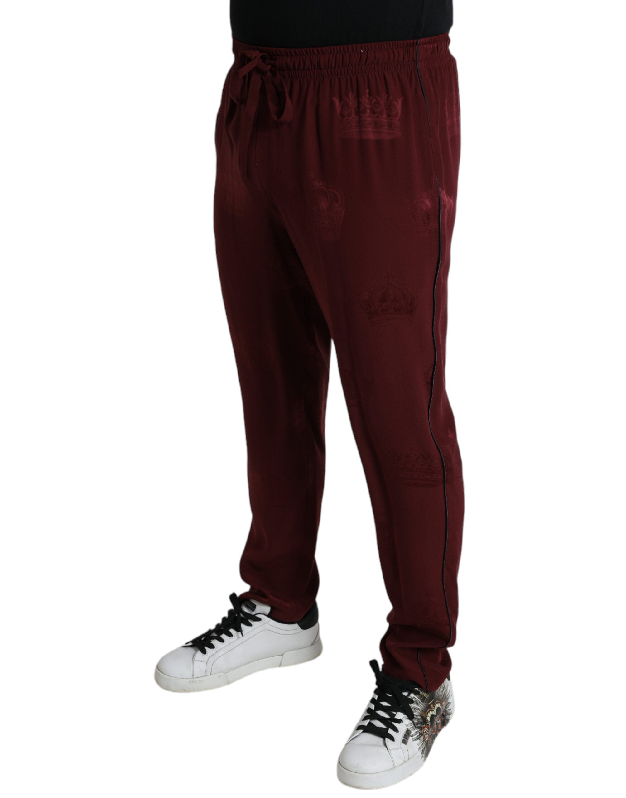 Dolce &amp; Gabbana Pantalon de pyjama élégant en soie marron avec motif couronne