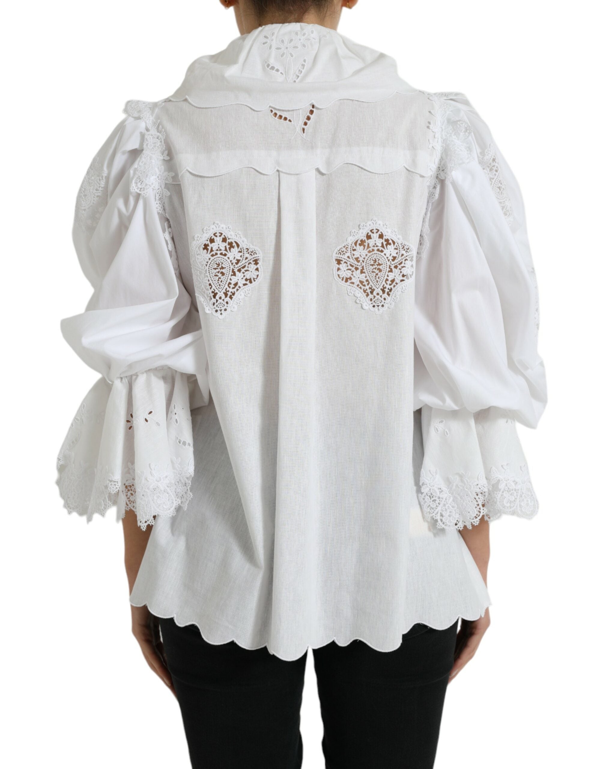 Dolce & Gabbana Elegant White Lace Trim Blouse Top