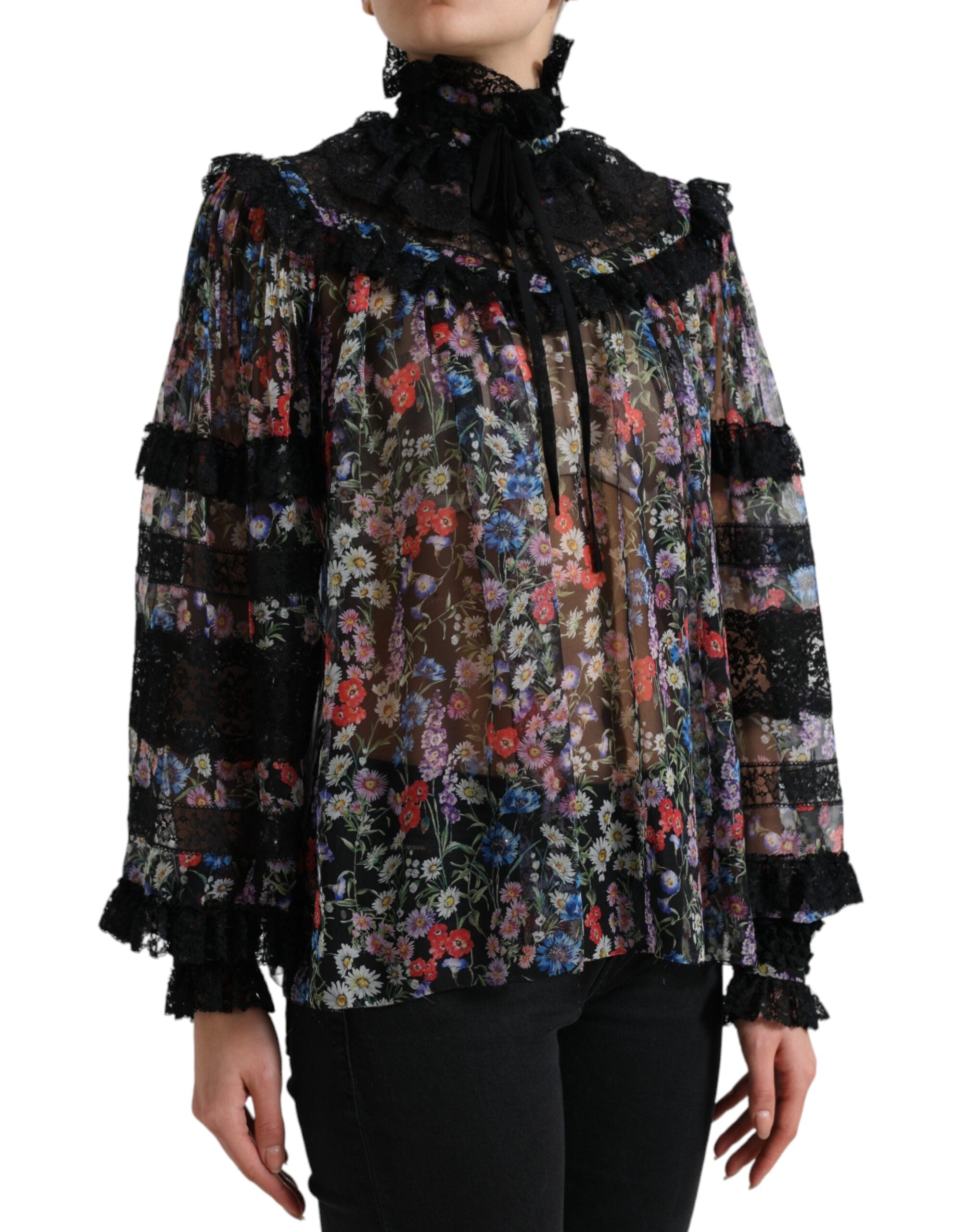 Dolce &amp; Gabbana Blouse élégante en soie florale avec bordure en dentelle