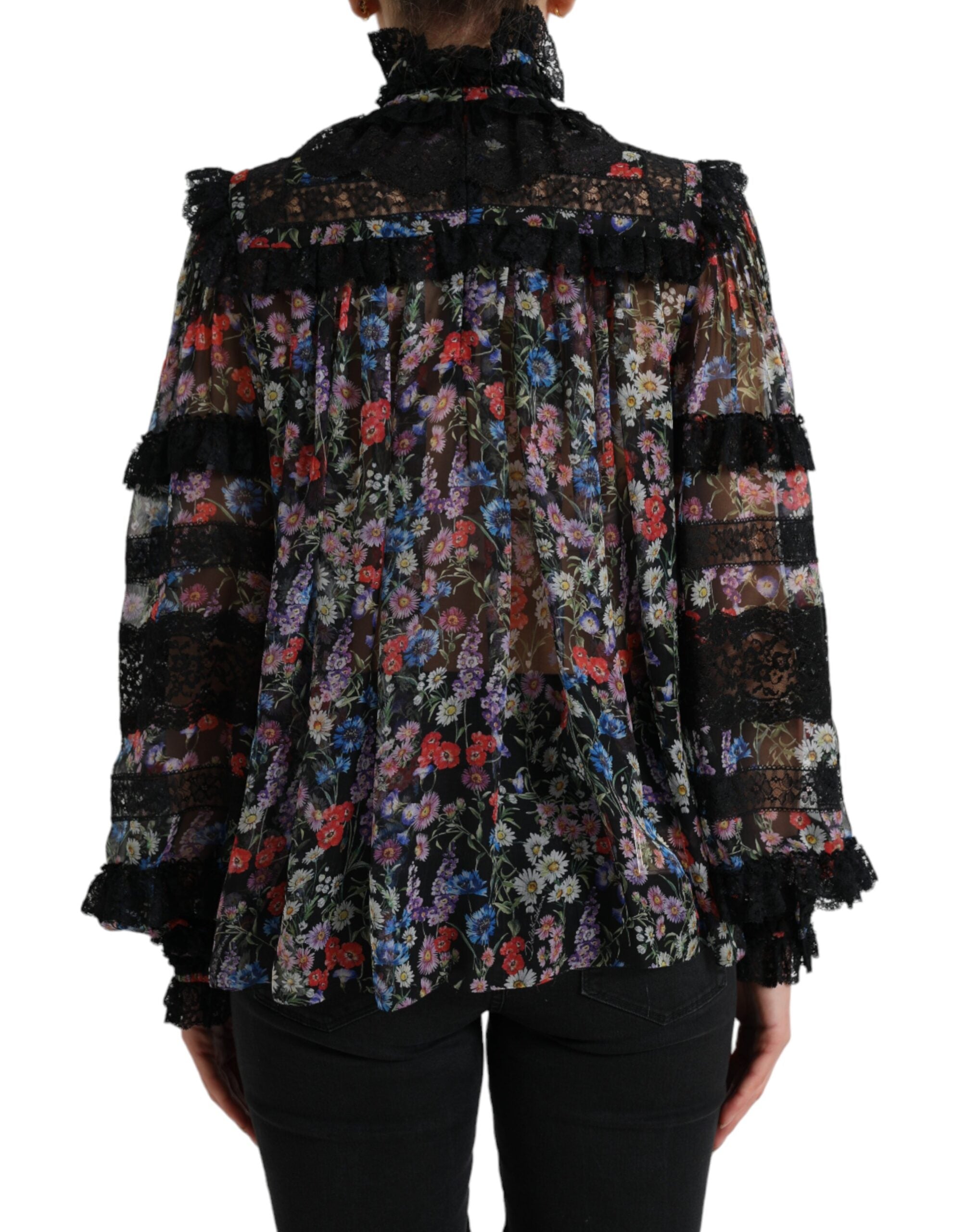 Dolce &amp; Gabbana Blouse élégante en soie florale avec bordure en dentelle