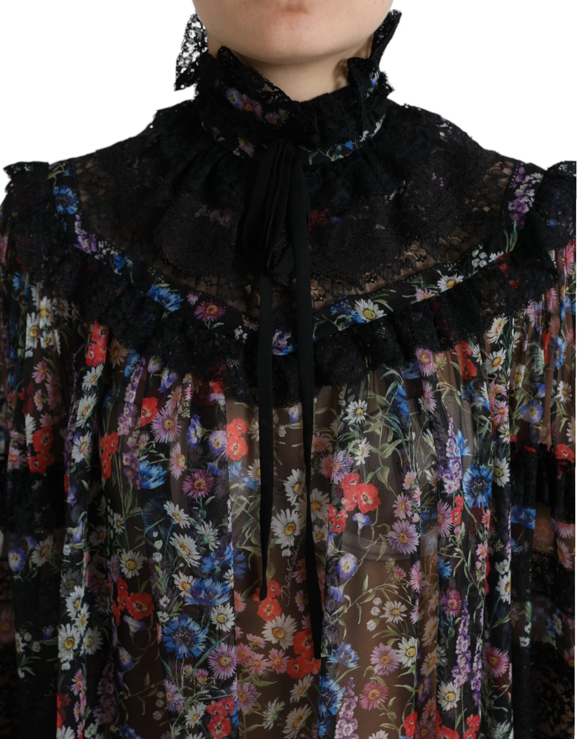 Dolce &amp; Gabbana Blouse élégante en soie florale avec bordure en dentelle