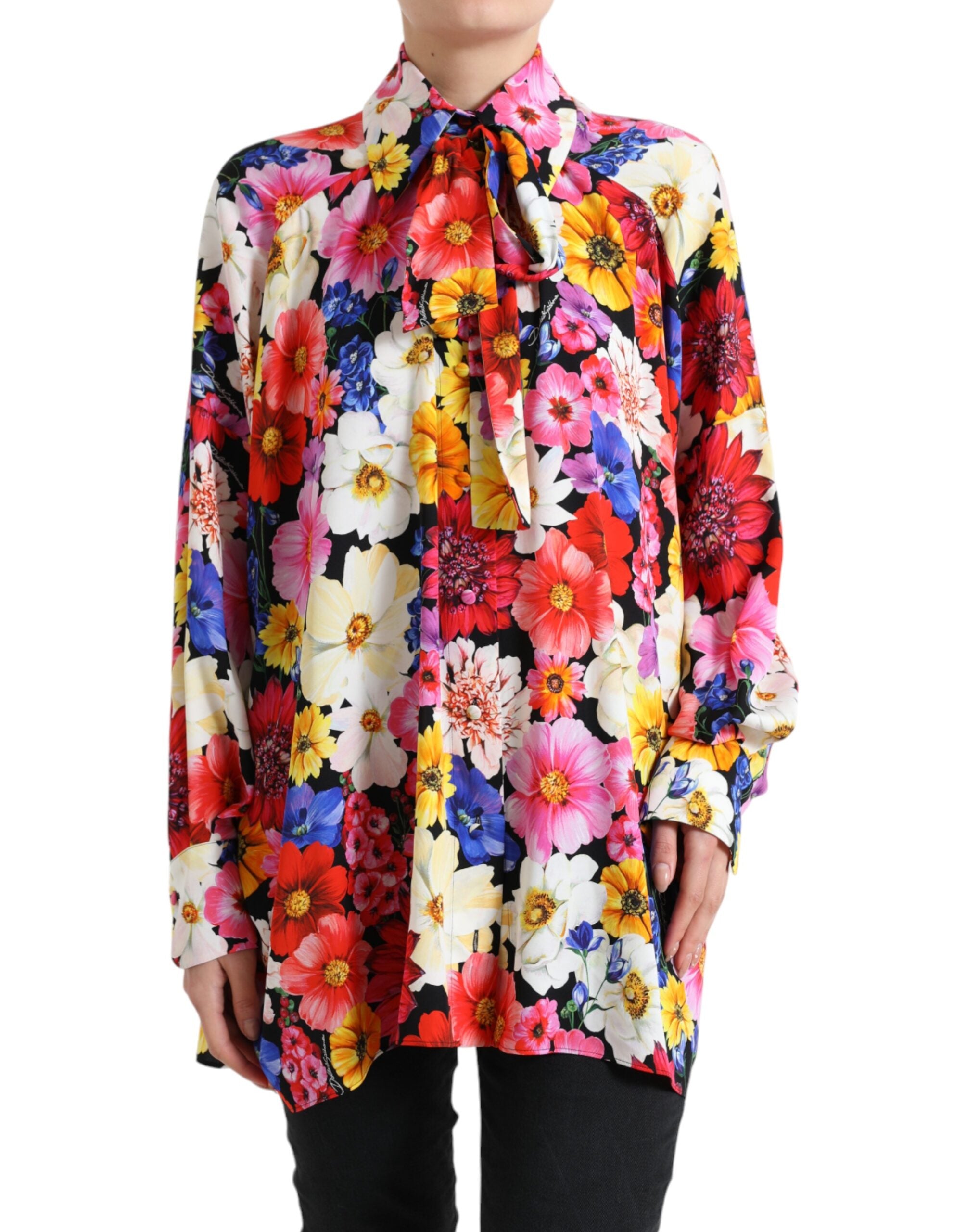 Dolce &amp; Gabbana Blouse en soie florale avec fermeture à nouer sur le devant