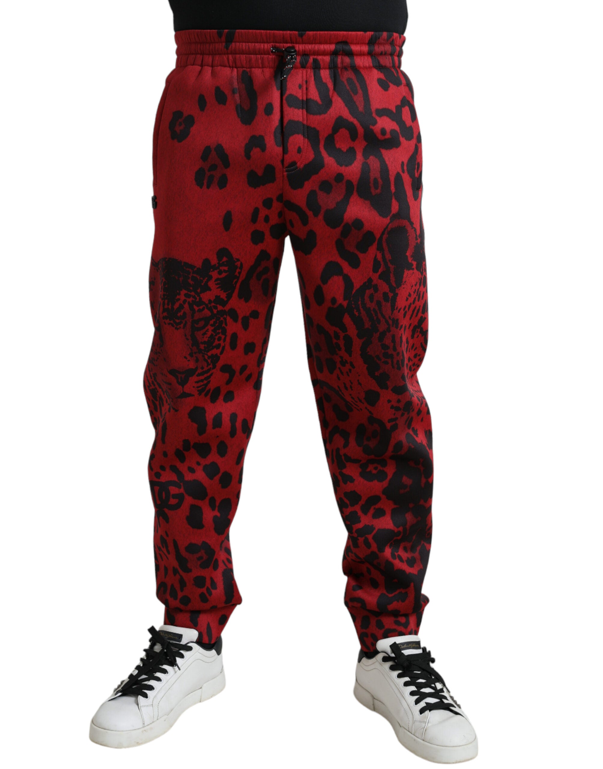 Dolce &amp; Gabbana Pantalon de jogging élégant à imprimé léopard en rouge et noir