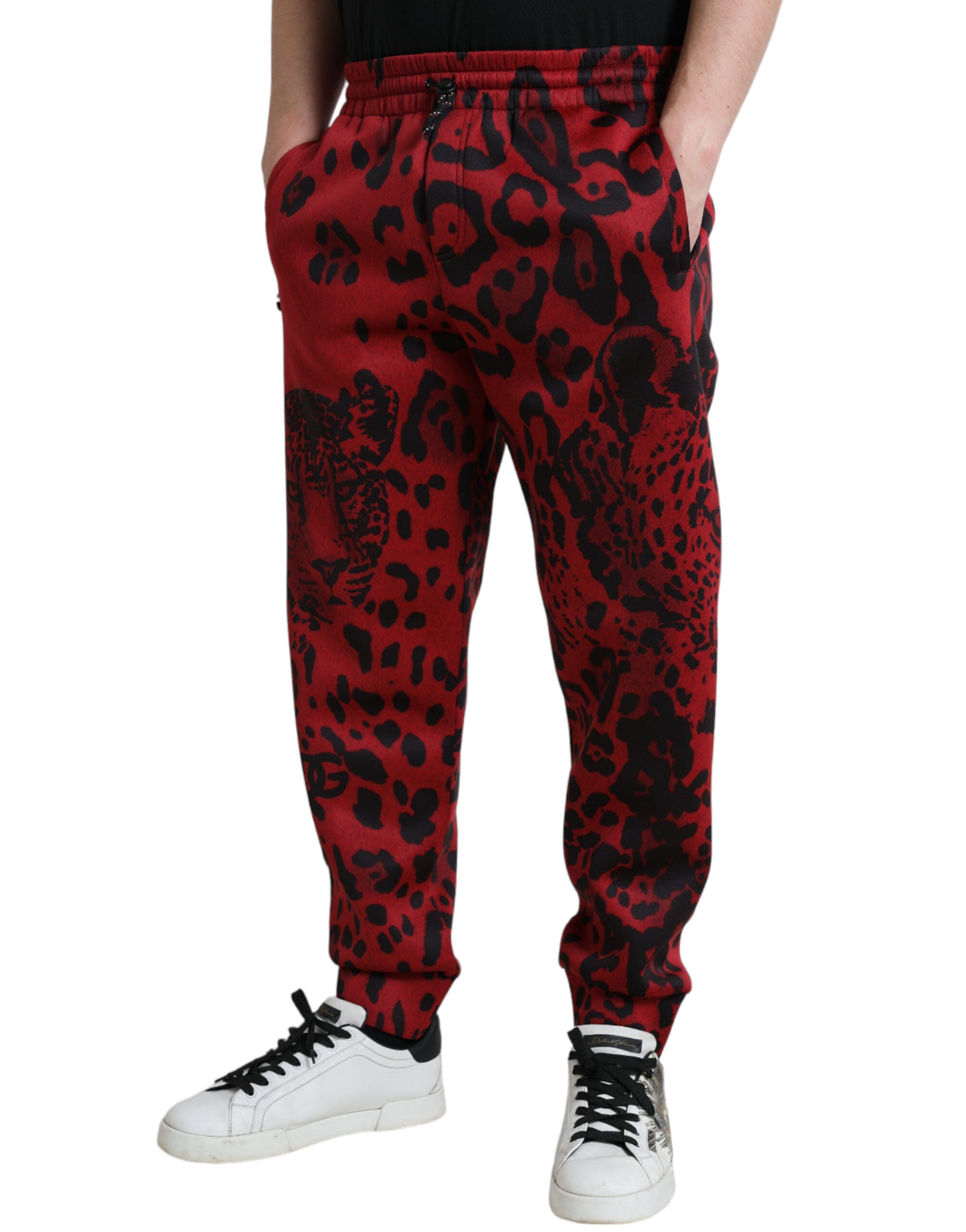 Dolce &amp; Gabbana Pantalon de jogging élégant à imprimé léopard en rouge et noir