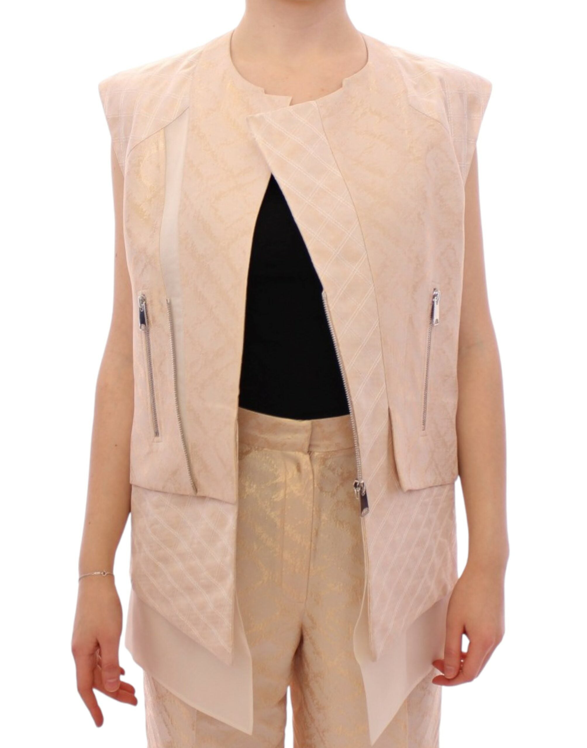 Zeyneptosun Veste sans manches en brocart beige exquis