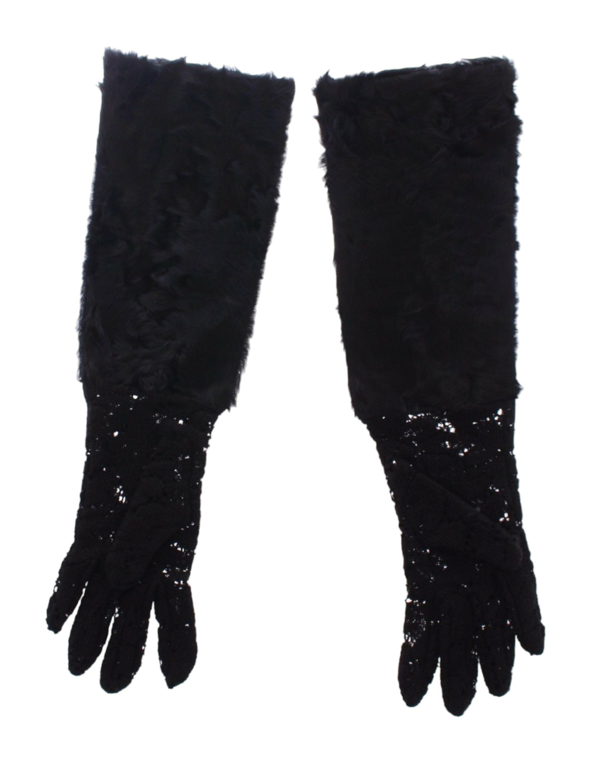 Dolce &amp; Gabbana Gants de coude en dentelle de laine noire et fourrure d'agneau