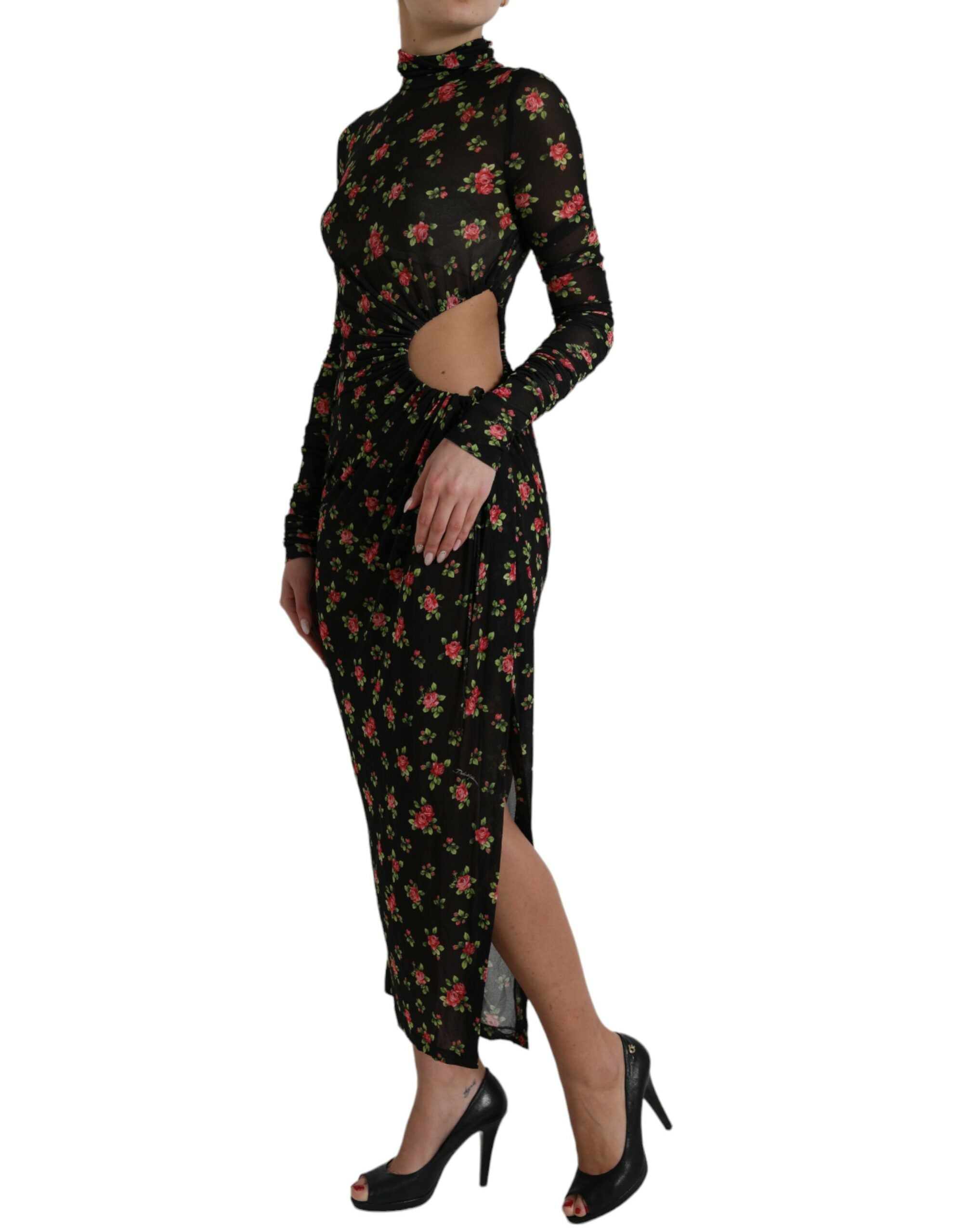 Dolce & Gabbana Robe longue fourreau longue noire à découpes florales