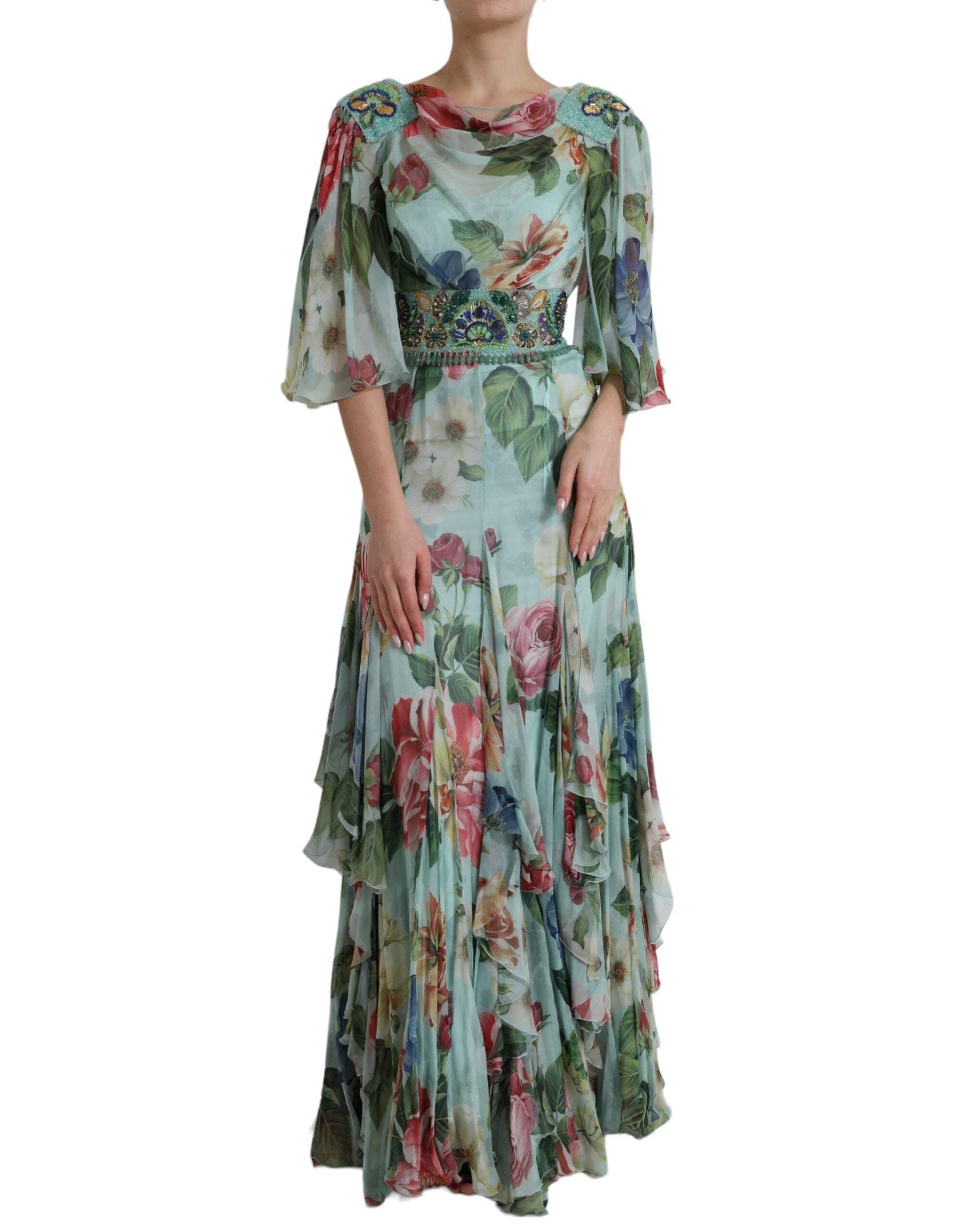 Dolce & Gabbana - Robe longue longue à volants bleue à imprimé floral