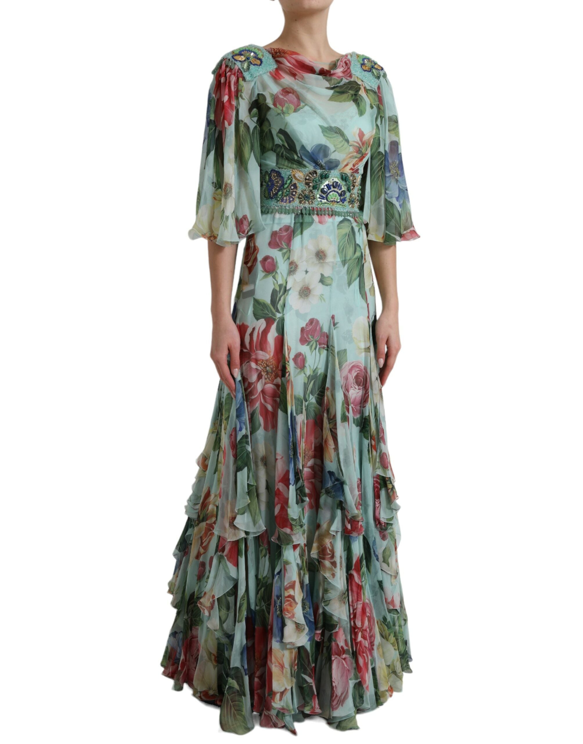 Dolce & Gabbana - Robe longue longue à volants bleue à imprimé floral