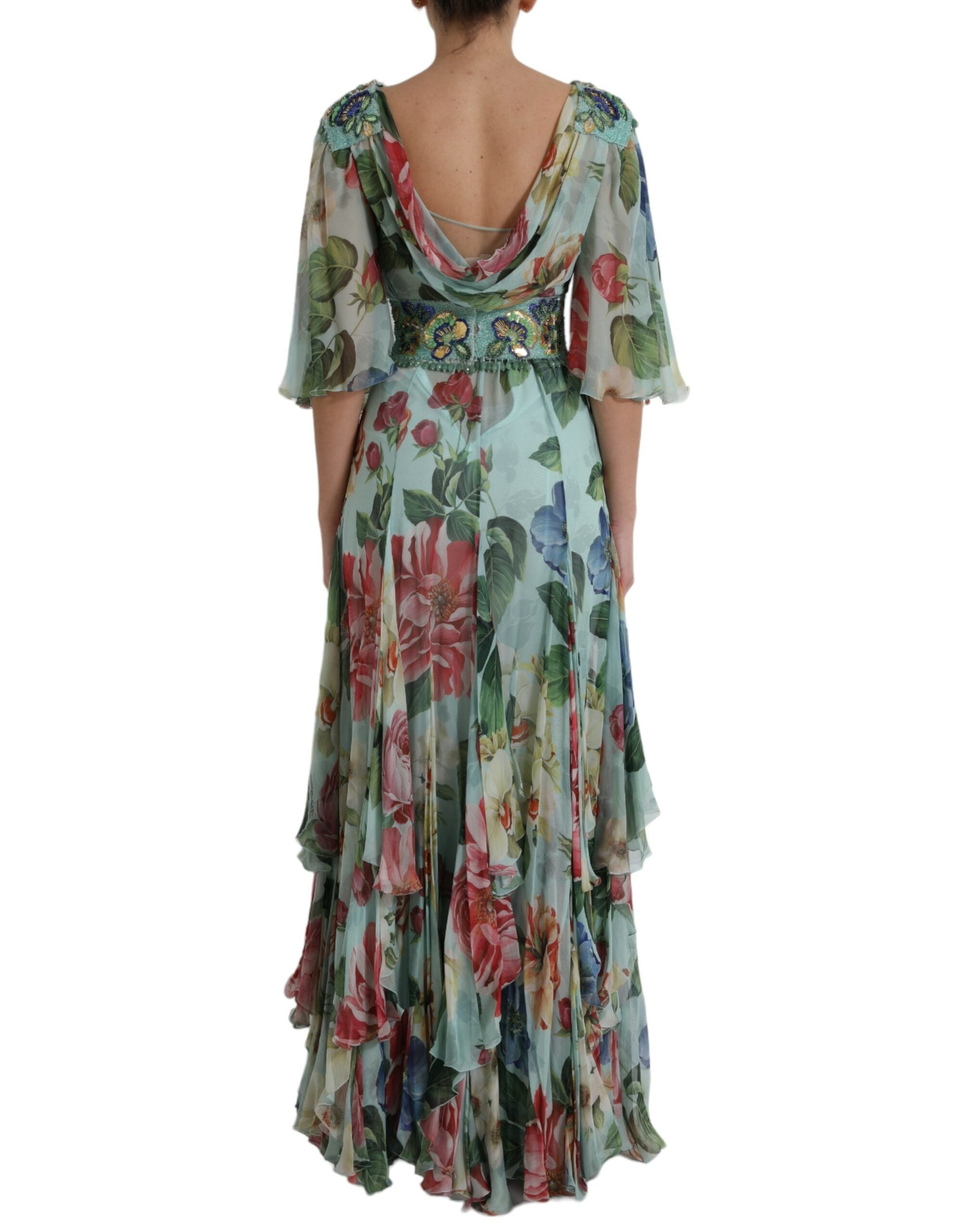 Dolce & Gabbana - Robe longue longue à volants bleue à imprimé floral