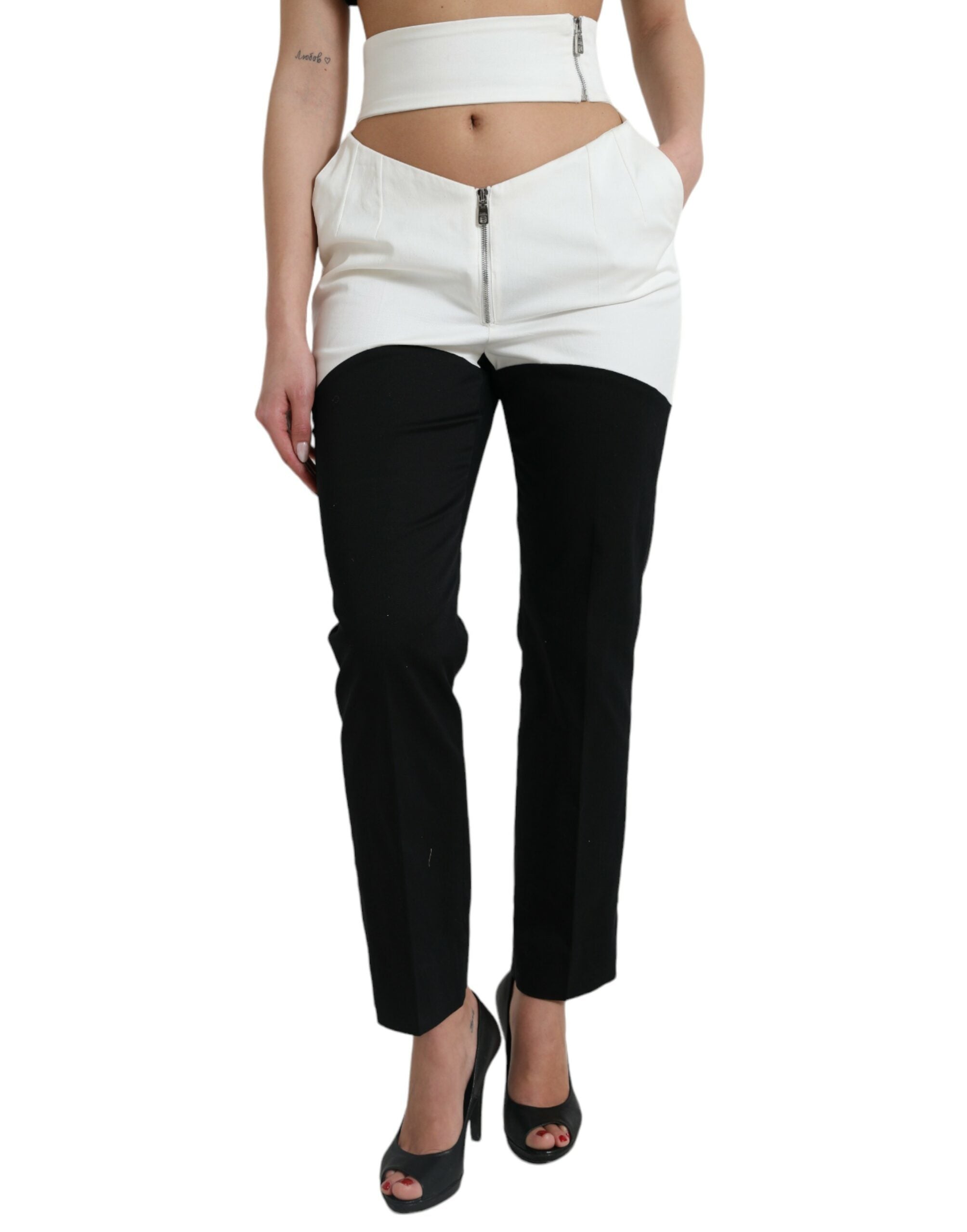 Dolce & Gabbana Pantalon fuselé en coton blanc noir à taille découpée