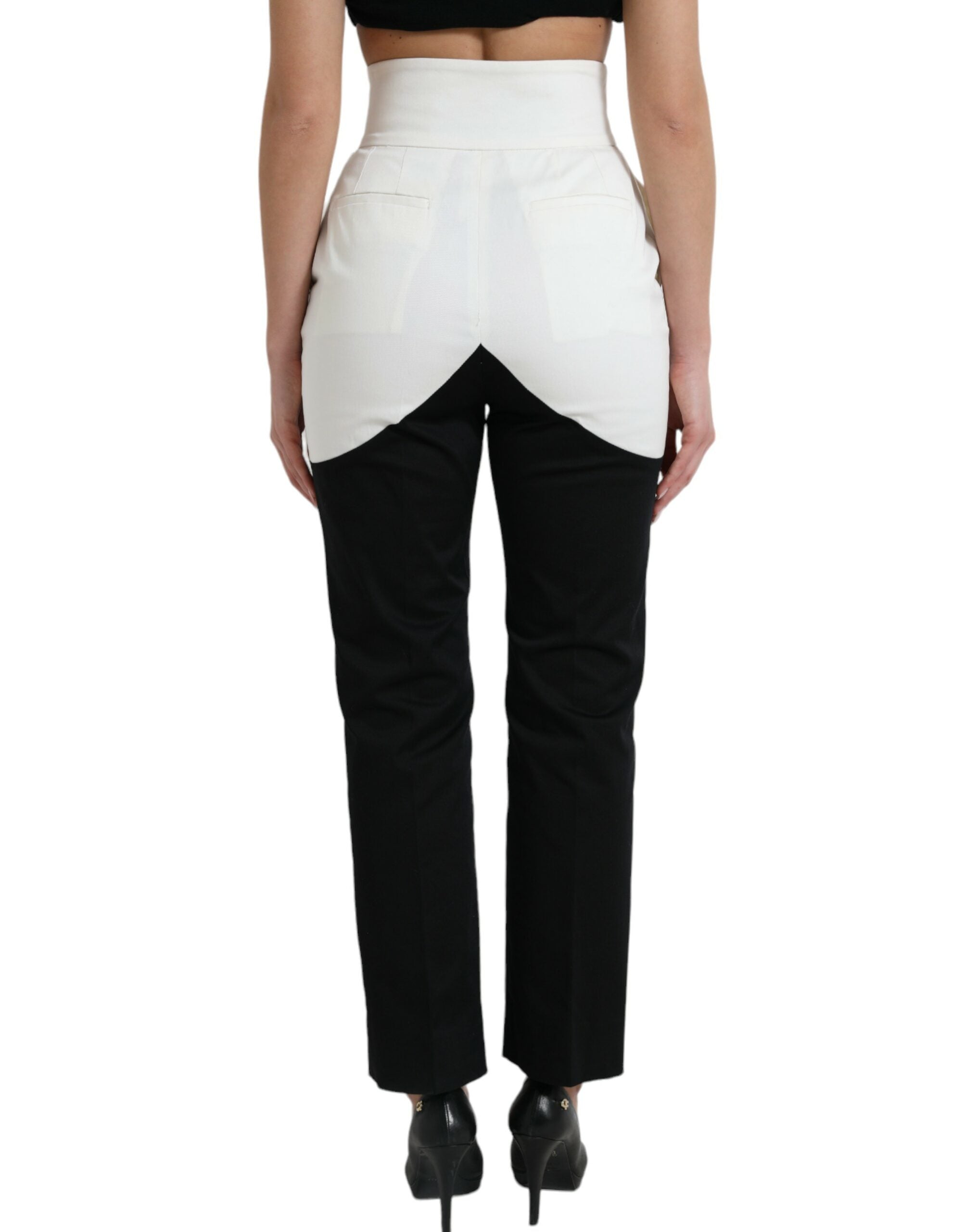 Dolce & Gabbana Pantalon fuselé en coton blanc noir à taille découpée